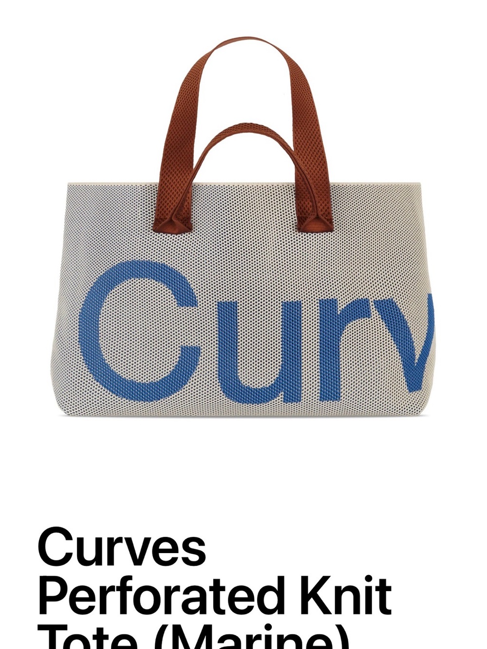 Perforated Cream Knit Tote with Blue Logo and Brown Handles